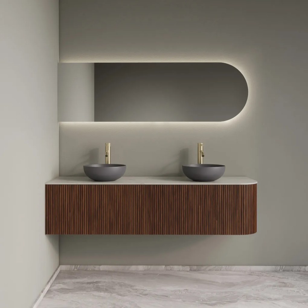 Gliss Design Alluro badmeubel ribbelfront met ronding rechts 160cm walnut en wit marmer toppaneel