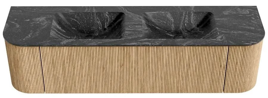 Mondiaz Kurve-dlux 170cm badmeubel ronding links/rechts oak met 1 lade en 2 deuren en wastafel leaf dubbel 2 kraangaten lava