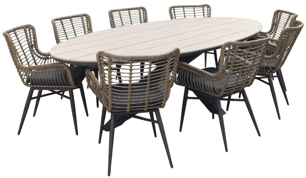 Jasmine Naturel/GI Edison 8-persoons ovale dining tuinset 280x140 cm.