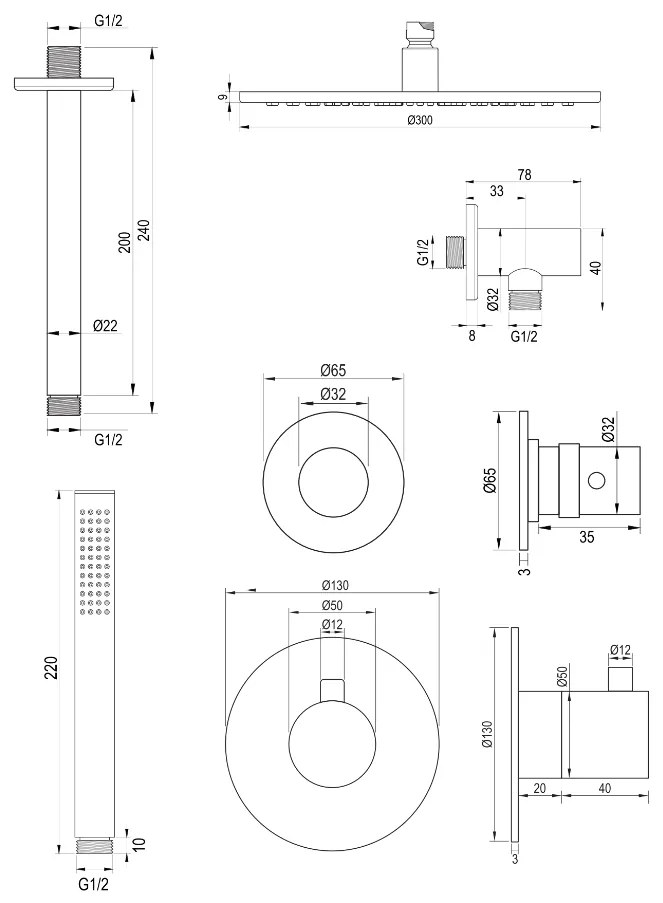Brauer Brushed Edition complete inbouw regendouche met staafhanddouche, plafondarm en hoofddouche 30cm set 6 RVS geborsteld PVD