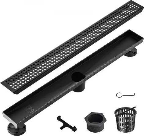 VEVOR Doucheafvoer 609 x 70 x 70 mm Vloerafvoer 42,5 L/min Afvoergoot RVS 304 Afvoer Doucheafvoer Rechthoekige Douchevloerafvoer, Slanke Lineaire Afvoer met Haarzeef, Matzwart