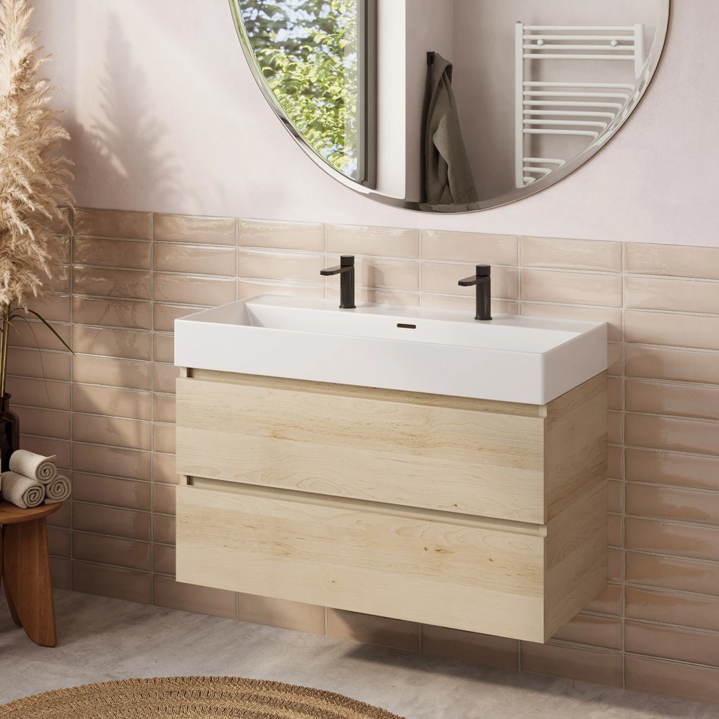 Plieger Kansas badmeubel 100cm met glans witte wastafel en 2 kraangaten beach eiken