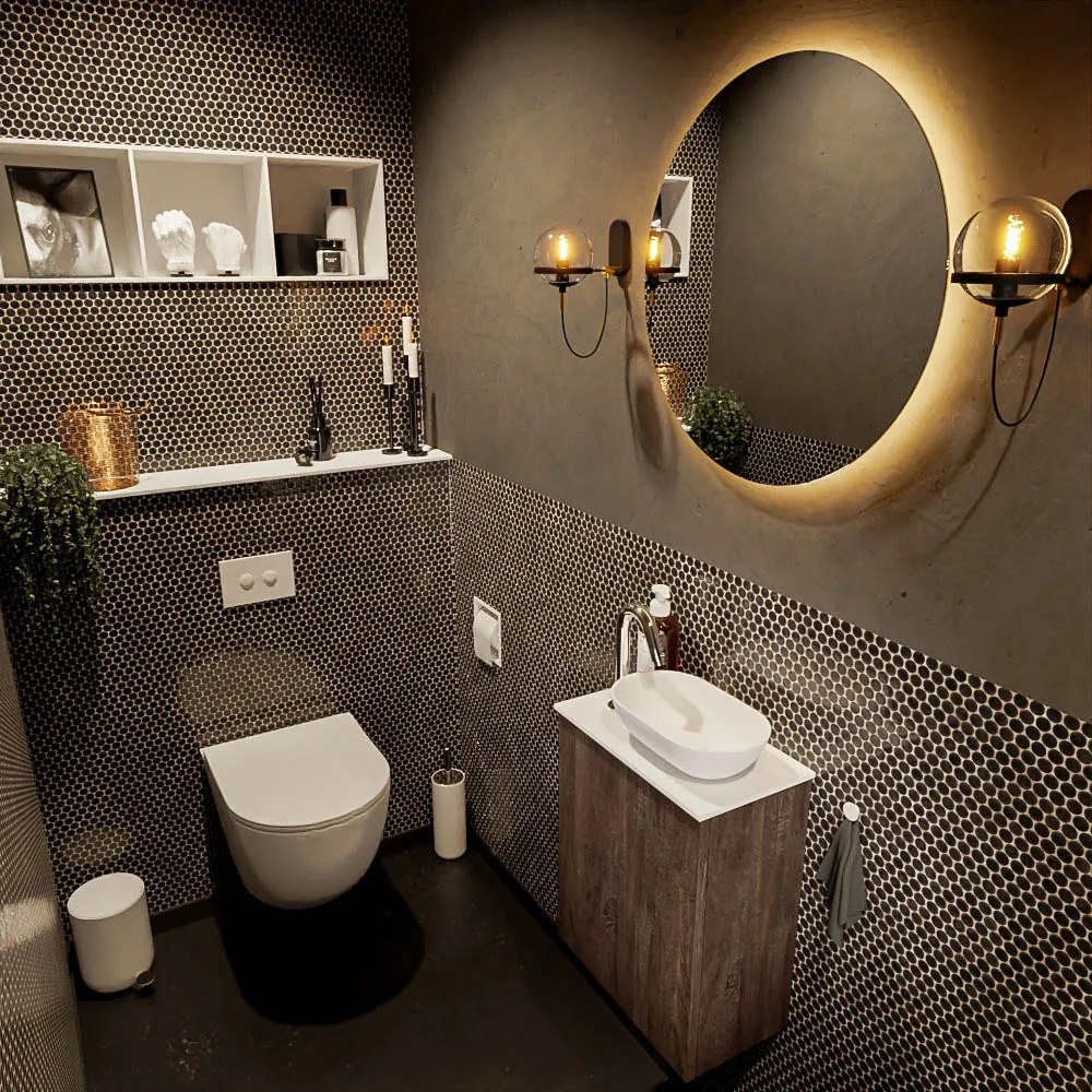 Mondiaz Fowy toiletmeubel 40cm dark brown met witte waskom rechts en kraangat