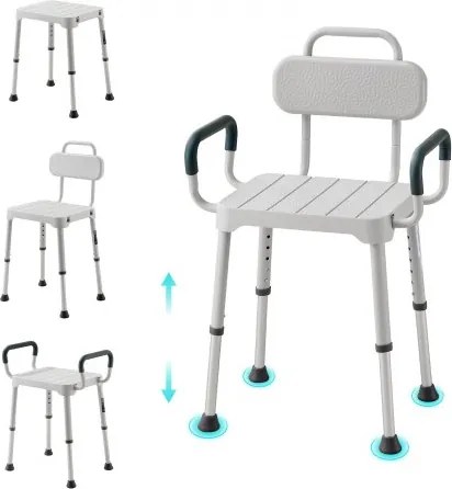 VEVOR Douchestoel 181,4 kg, in 6 standen in hoogte verstelbare douchestoel met armleuningen, frame van aluminiumlegering, voor douche of bad, geschikt voor senioren, mensen met een beperking en mensen met een blessure.
