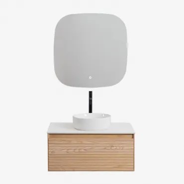 Tedrik Zwevend Badkamermeubelset Van Essenhout Ash Brown & Rond Keramiek Wit Ø40 Cm Lenka & Vierkant Led En Anticondens 75x75 Cm Riben & - Sklum