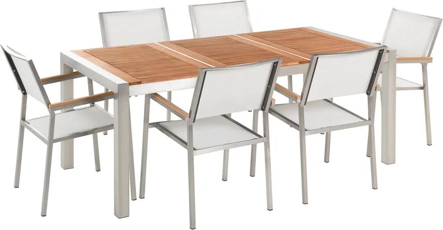 Tuinset mahoniehout/RVS 180 x 90 cm met 6 stoelen wit GROSSETO