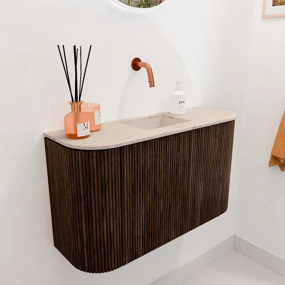 Mondiaz Joya DLux 75cm toiletmeubel ronding links/rechts walnut met wastafel faye midden zonder kraangat frappe