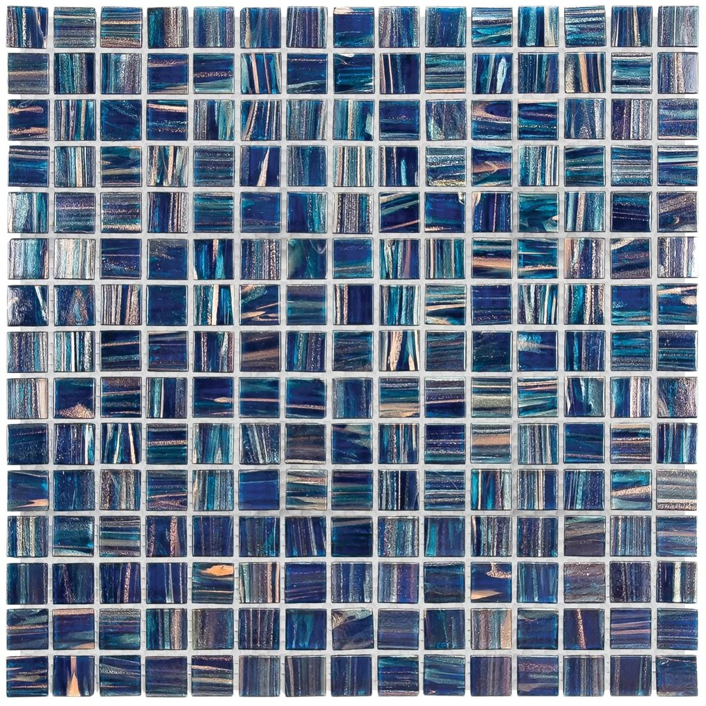 The Mosaic Factory Amsterdam vierkante glasmozaïek tegels 32x32 donkerblauw met gouden accenten