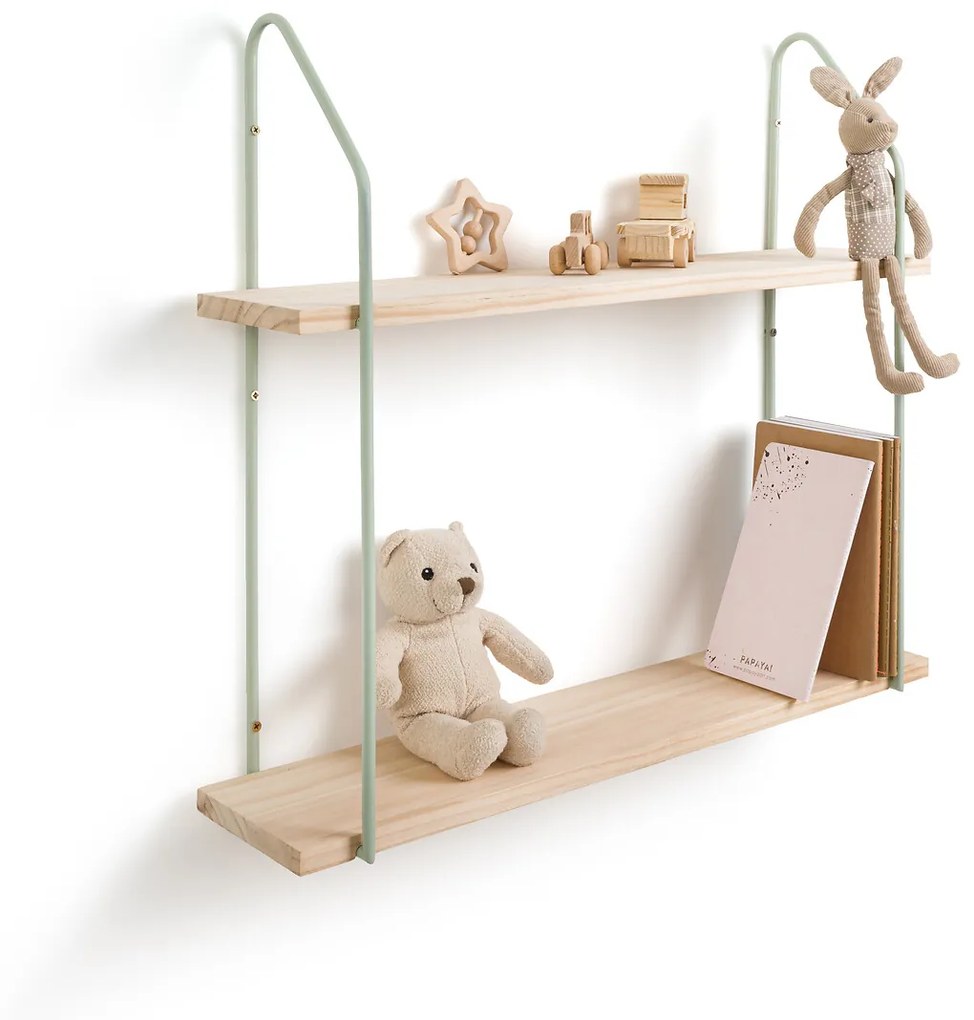 Dubbele wandplank in grenen en ijzer metaal L65 cm, Vinto