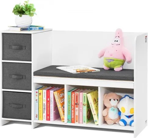 VEVOR Kinderleesbank, Peuterboekenkast met Verwijderbaar Zitkussen, 6-laags Opbergbank met 3 Laden, Ideaal voor Speelkamer, Slaapkamer, Woonkamer