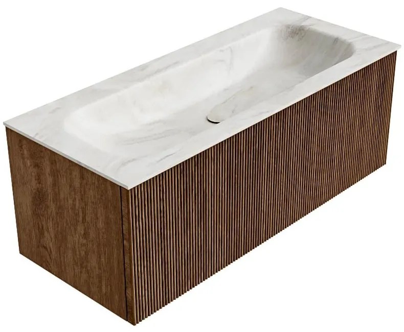 Mondiaz Kurve-dlux 110cm badmeubel walnut met 1 lade en wastafel big medium midden 1 kraangat ostra