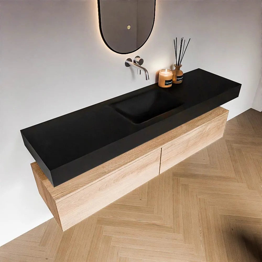 Zaro Alan badmeubel 170cm washed oak 2 lades met vrijhangende wastafel cloud midden zonder kraangat urban