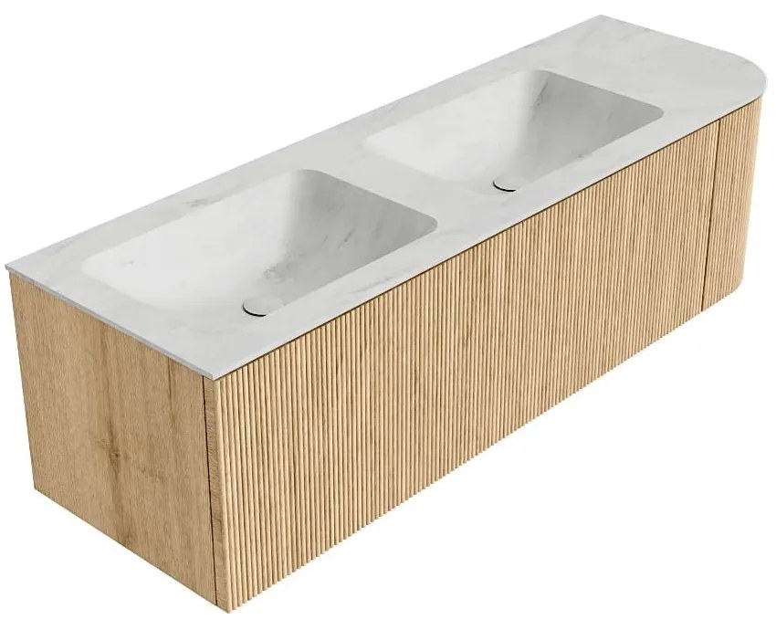 Mondiaz Kurve-dlux 145cm badmeubel ronding rechts oak met 1 lade en deur en wastafel leaf dubbel/links 2 kraangaten opalo