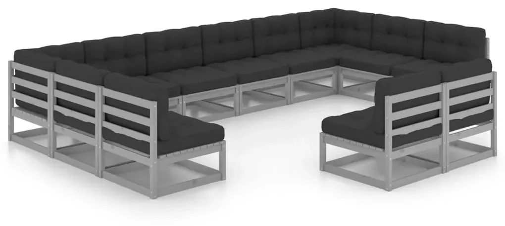 vidaXL 12-delige Loungeset met kussens massief grenenhout grijs