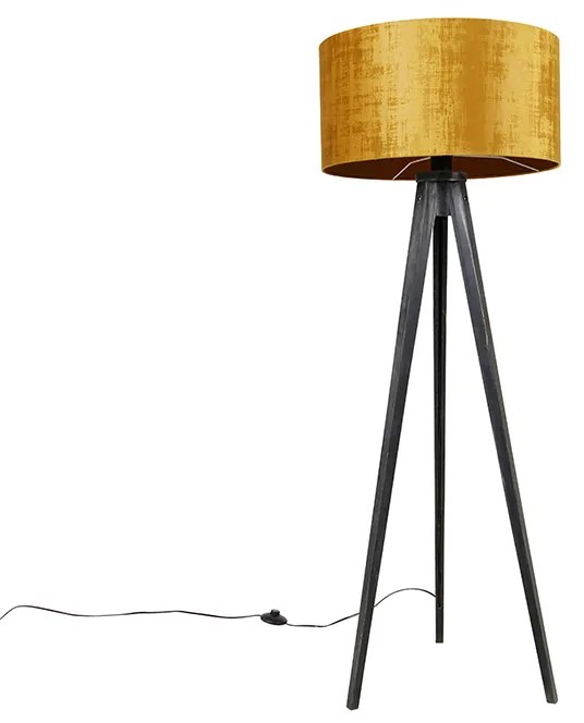 Vloerlamp tripod zwart met kap goud 50 cm - Tripod Classic