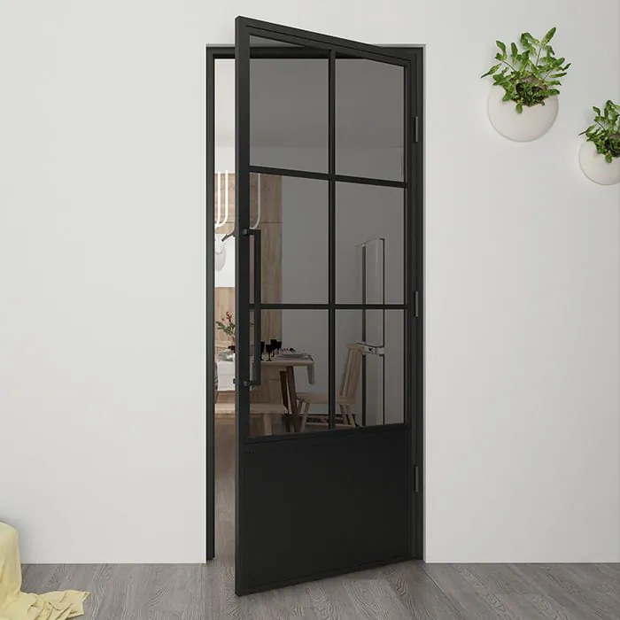Stalen Deur - Binnendeur 6 Vaks Kickplate Rechtsdraaiend Rookglas 196,0 X 81,2 Cm - Zwart - Incl. Kozijn