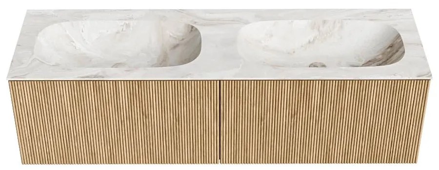 Mondiaz Kurve-dlux 150cm badmeubel oak met 2 lades en wastafel stor small dubbel zonder kraangat frappe