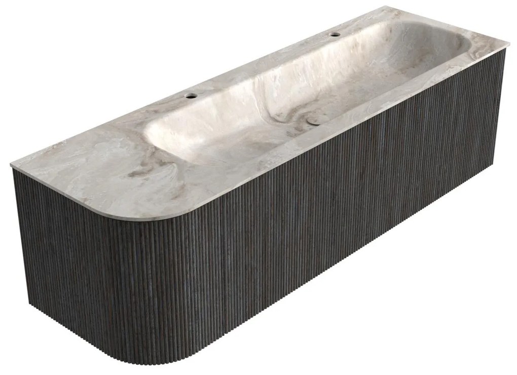 Mondiaz Kurve-dlux 145cm badmeubel ronding links shadow met 1 lade en deur en wastafel big large rechts 2 kraangaten frappe