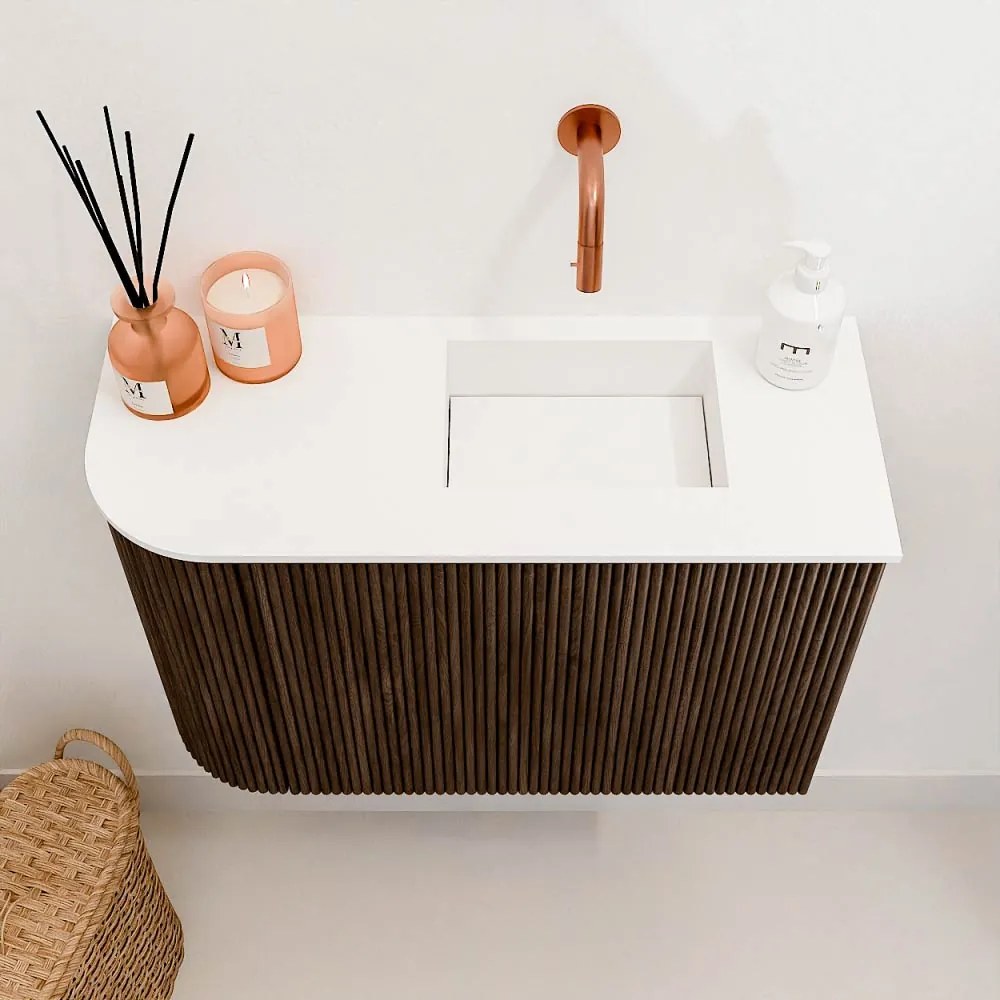 Mondiaz Joya 60cm toiletmeubel ronding links walnut met wastafel faye rechts zonder kraangat talc