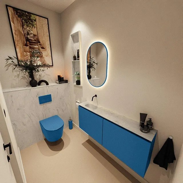 MONDIAZ TURE-DLUX 120cm toiletmeubel Jeans. EDEN wastafel Opalo positie links. Zonder kraangat. TUREDX120JEAL0OPA