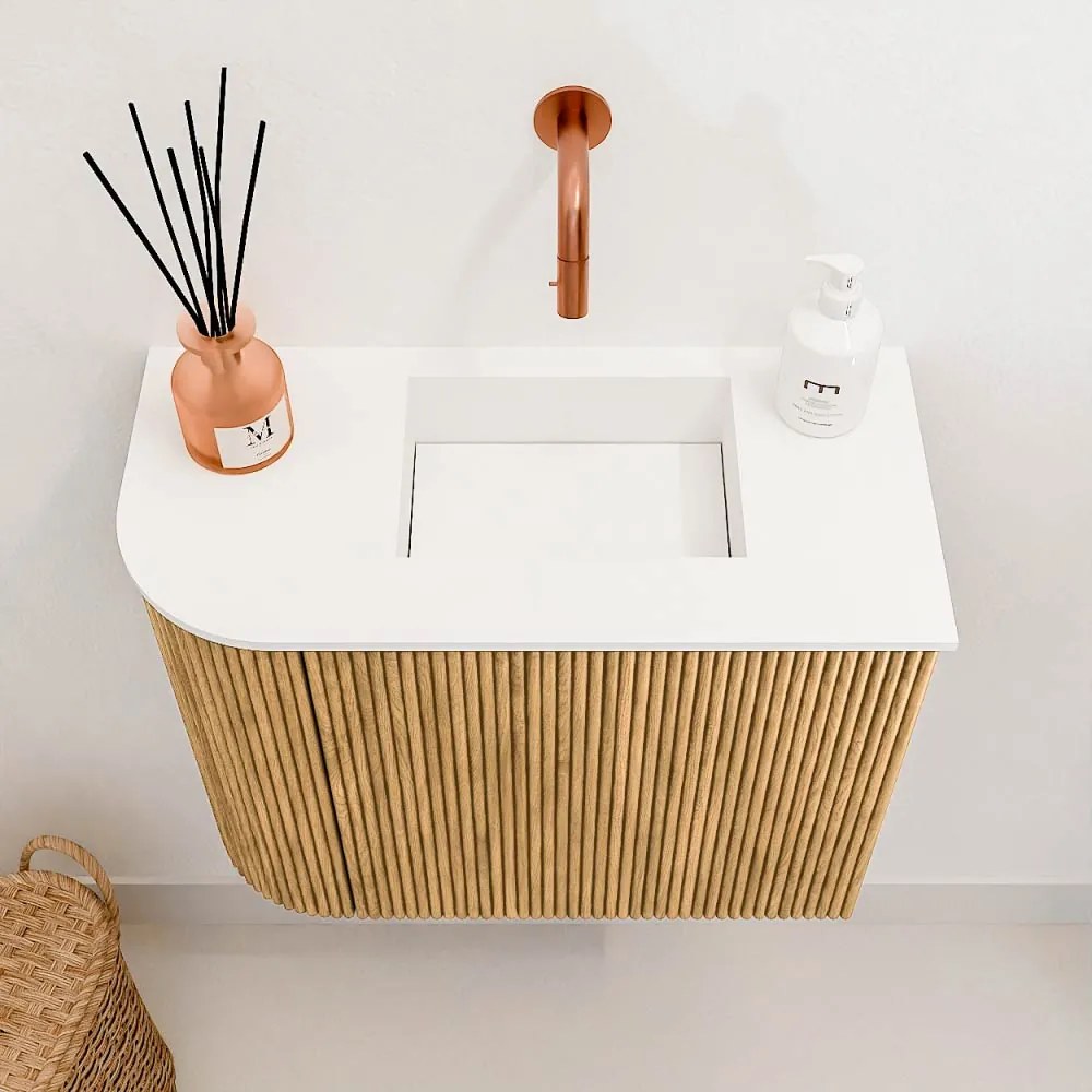 Mondiaz Joya 50cm toiletmeubel ronding links oak met wastafel faye rechts zonder kraangat talc
