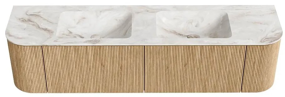 Mondiaz Kurve-dlux 180cm badmeubel ronding links/rechts oak met 2 lades en deuren en wastafel leaf dubbel 2 kraangaten frappe