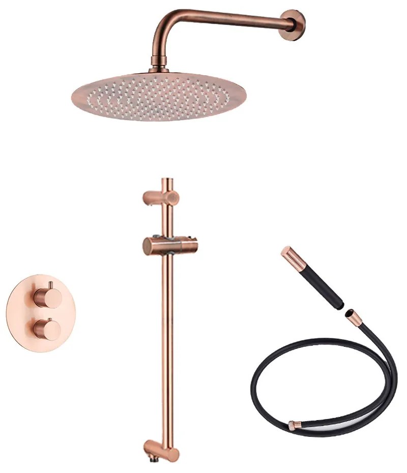 Saniclear Copper Pro inbouw regendouche 30cm rond met wandarm en glijstang geborsteld koper