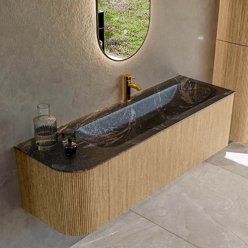 Mondiaz Kurve-dlux 145cm badmeubel ronding links oak met 1 lade en deur en wastafel big large kraangat rechts lava