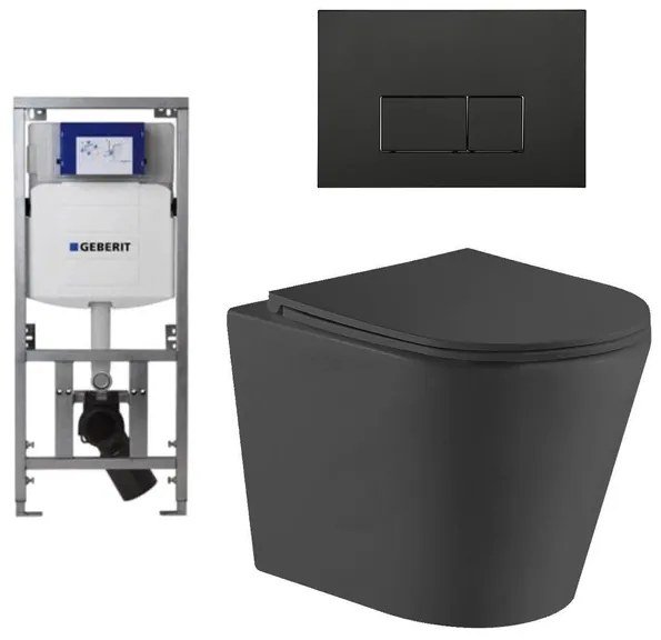 QeramiQ Dely Toiletset - 36.3x51.7cm - diepspoel - rimless - Geberit UP320 inbouwreservoir - met Burda frame - softclose toiletzitting - mat zwarte bedieningsplaat - rechtehoekige knoppen - zwart mat SW1026253/0701131/SW706193/SW1000768