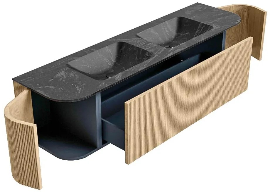Mondiaz Kurve-dlux 170cm badmeubel ronding links/rechts oak met 1 lade en 2 deuren en wastafel leaf dubbel zonder kraangat lava