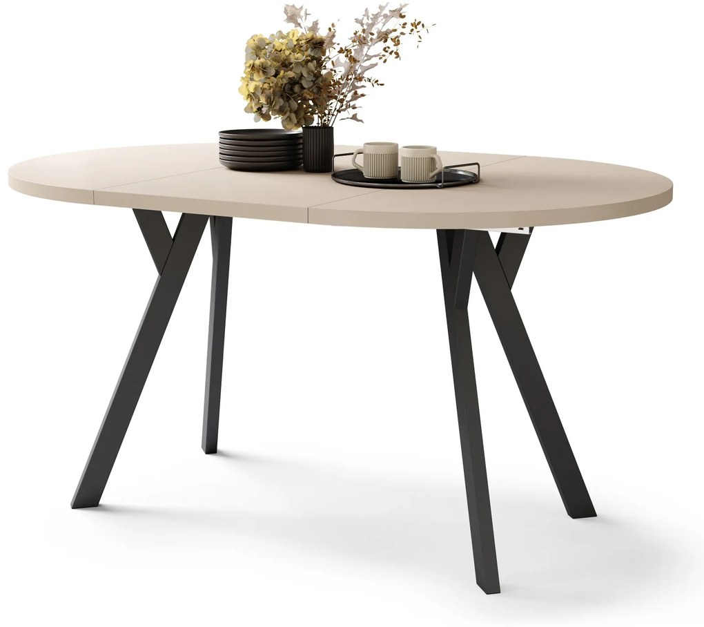 ALDO 100 Beige/Zwarte poten - RONDE LOFT/INDUSTRIËLE TAFEL VOOR WOONKAMER/EETKAMER, UITSCHUIFBAAR