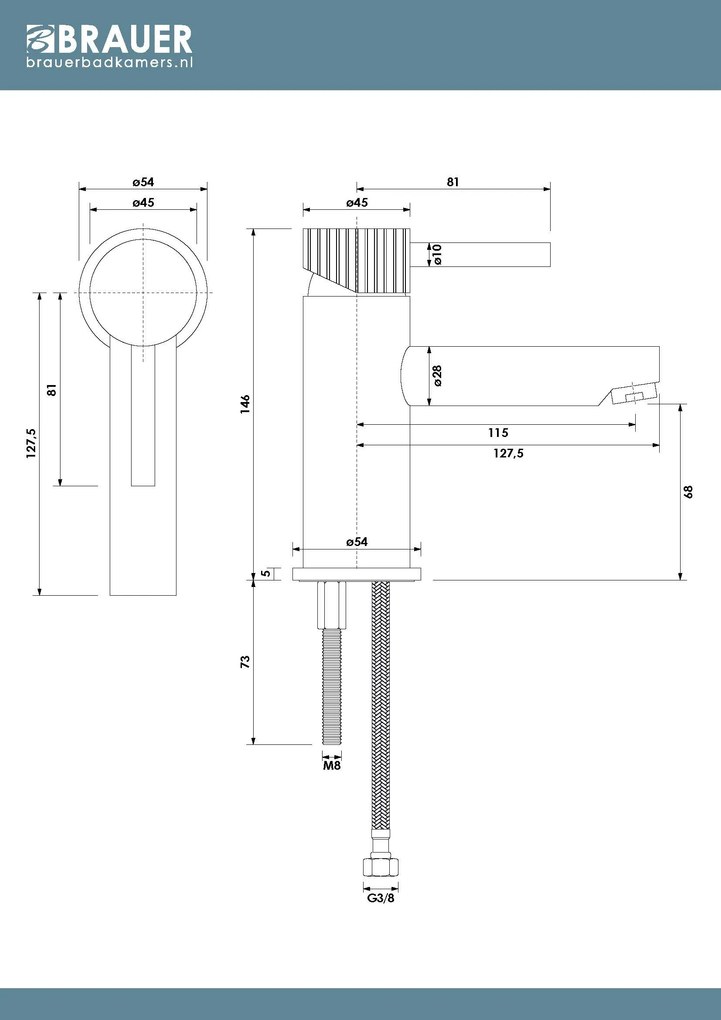 Brauer Stripe wastafelkraan model A met ColdStart messing geborsteld PVD