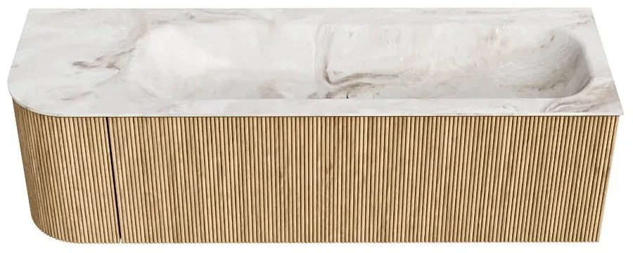 Mondiaz Kurve-dlux 145cm badmeubel ronding links oak met 1 lade en deur en wastafel big large rechts 2 kraangaten frappe