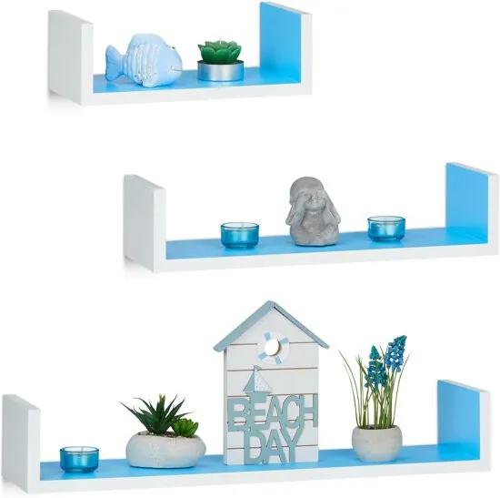 Wandplank set van 3 - boekenplank modern - wandboard U-vorm - 3 groottes - MDF wit-blauw