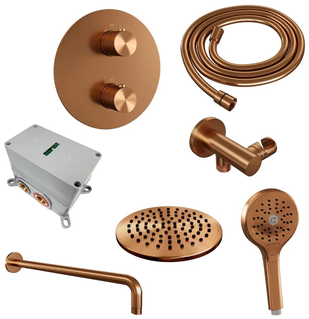 Brauer Copper Carving thermostatische inbouw regendouche met 3 standen handdouche, gebogen muurarm en hoofddouche 20cm set 81 koper geborsteld PVD