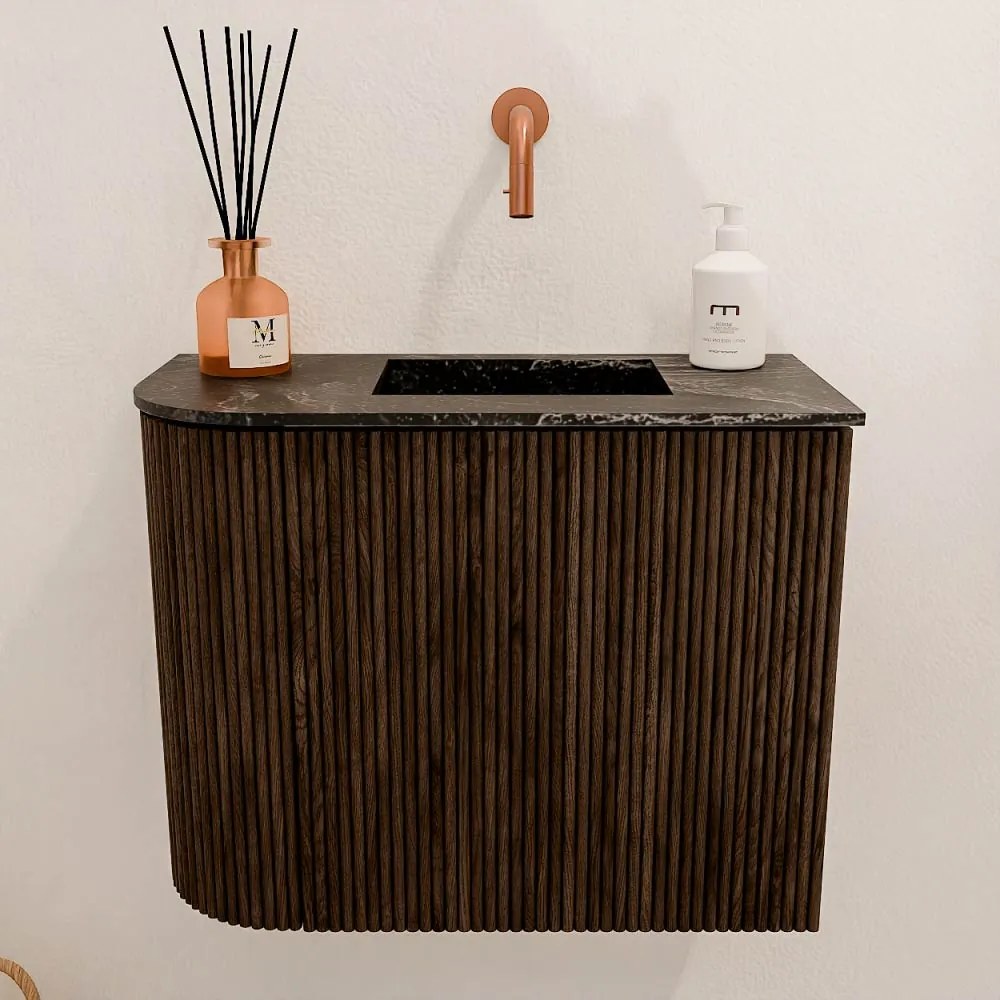 Mondiaz Joya DLux 50cm toiletmeubel ronding links walnut met wastafel faye rechts zonder kraangat lava