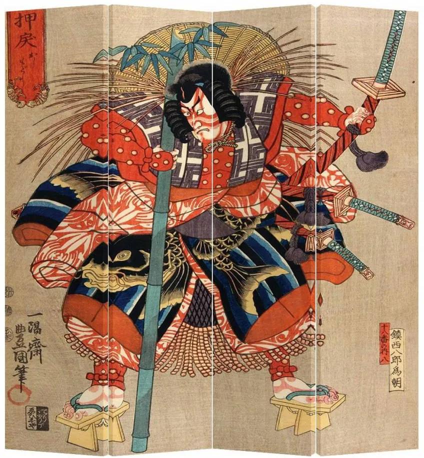 Fine Asianliving Japans Kamerscherm Oosters Scheidingswand B160xH180cm 4 Panelen Japanse Samurai Minamoto no Tametomo