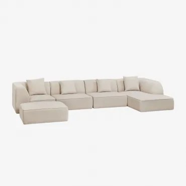 4-delige Chaise Longue Modulaire Bank Rechts Met Cardea Gestoffeerde Poef Stof Chenille Beige – Crème - Sklum
