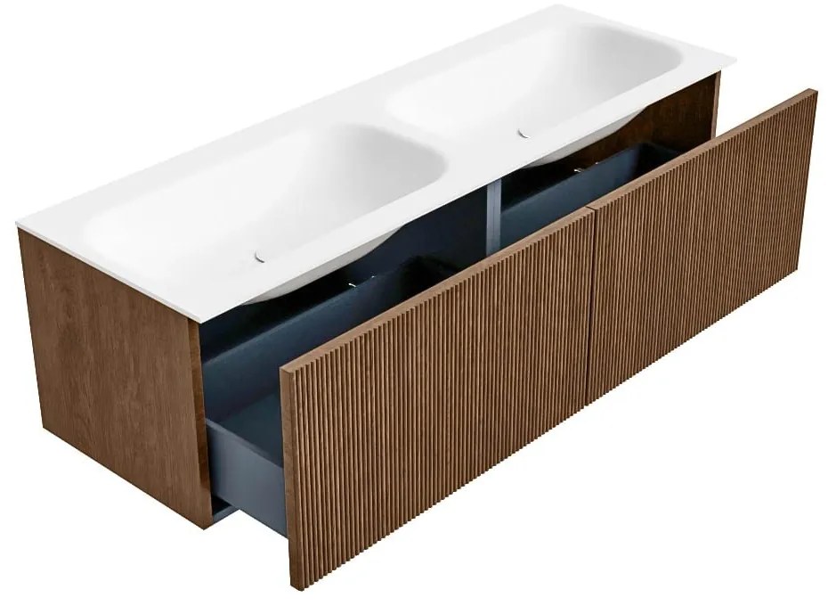 Mondiaz Kurve 140cm badmeubel walnut met 2 lades en wastafel big small dubbel 2 kraangaten