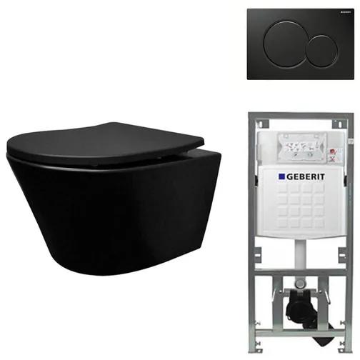 Wiesbaden Vesta toiletset Rimless 52cm mat zwart Geberit inbouwreservoir softclose en quickrelease toiletzitting met bedieningsplaat glans zwart SW228315/0701131/SW228050