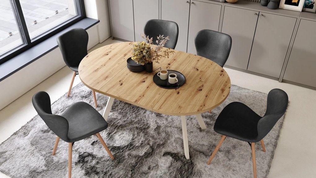 ALMO Eiken Artisan/Beige poten - RONDE LOFT/INDUSTRIËLE TAFEL VOOR WOONKAMER/EETKAMER, UITSCHUIFBAAR