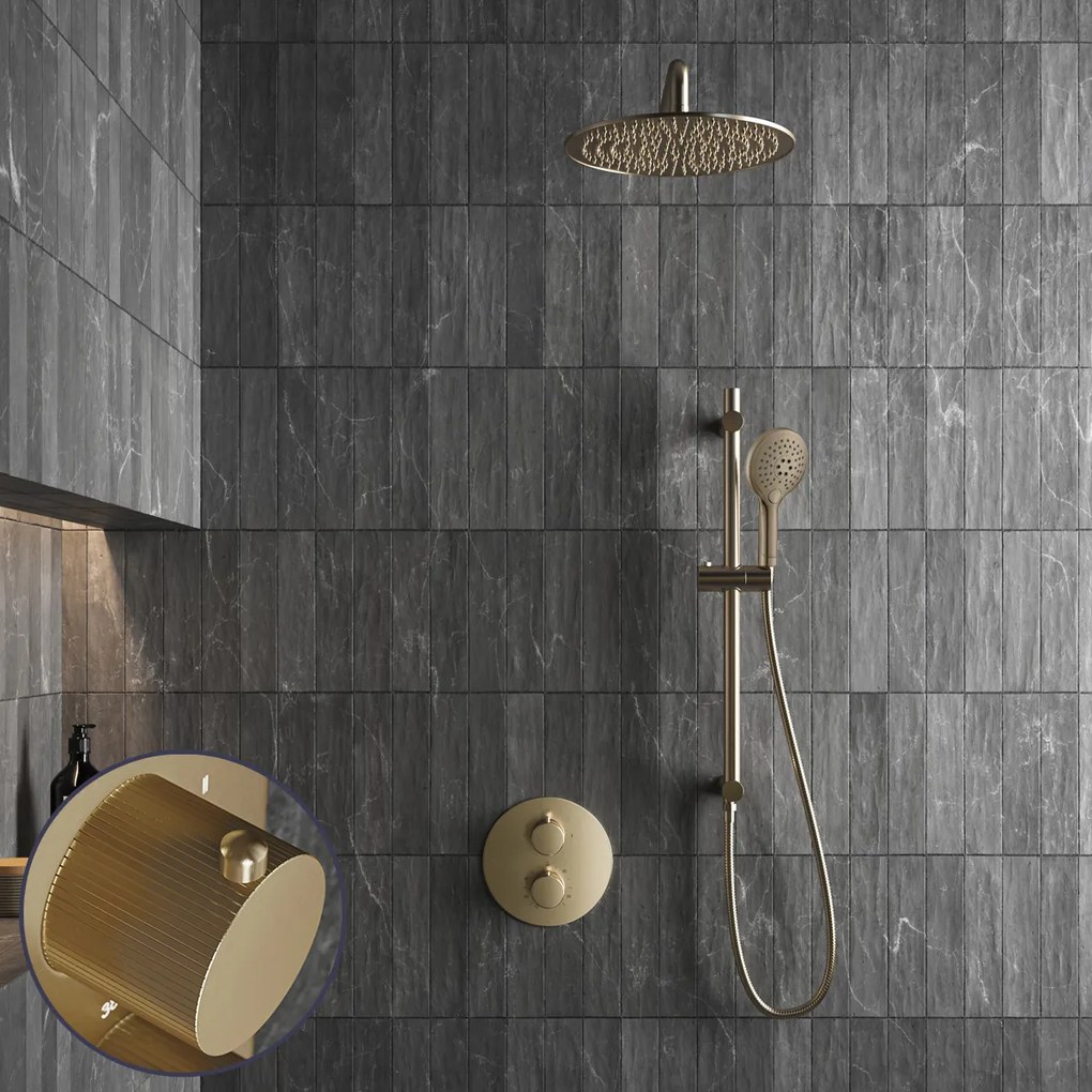 Saniclear Brass Stripes inbouw regendouche rond met 30cm hoofddouche, muurarm, 2 standen handdouche en glijstang geborsteld messing - mat goud