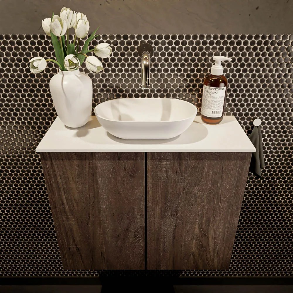 Mondiaz Fowy toiletmeubel 60cm dark brown met witte waskom midden zonder kraangat