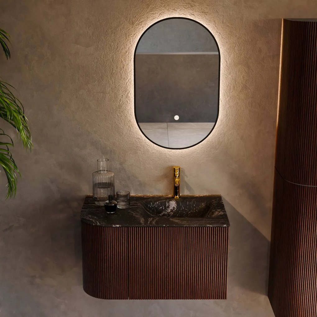 Mondiaz Kurve-dlux 75cm badmeubel ronding links ruby met 1 lade en deur en wastafel grunne kraangat rechts lava