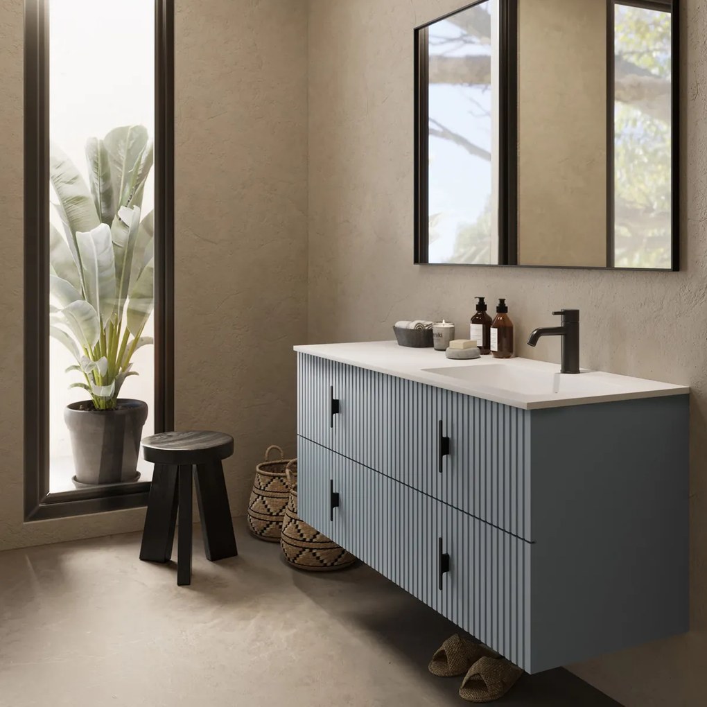 Muebles Avila badmeubel ribbelfront 120cm baby blauw met wastafel rechts met kraangat