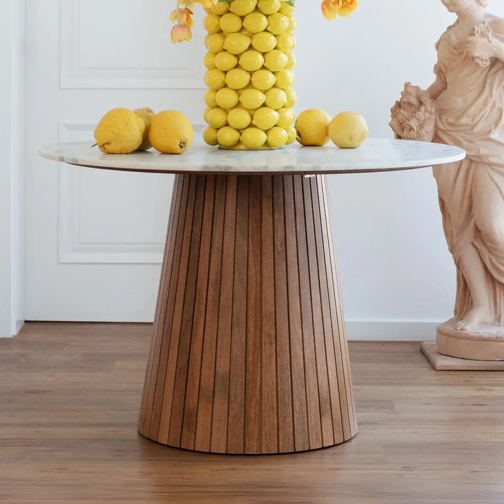 Ronde Eettafel Wit Marmer En Hout - 115 X 115cm.