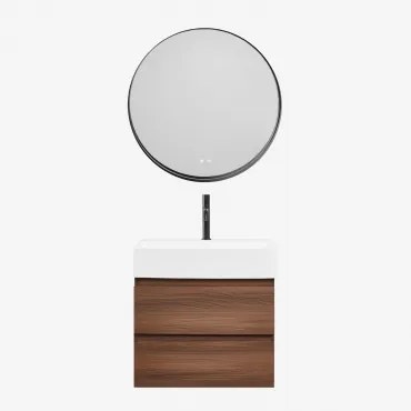 Badkamermeubelset Van Hout En Essenhoutfineer Met Geïntegreerde Wastafel Ona Donker Hout & Round Led And Antifog Zwart Ø80 Cm Kimacs - Sklum