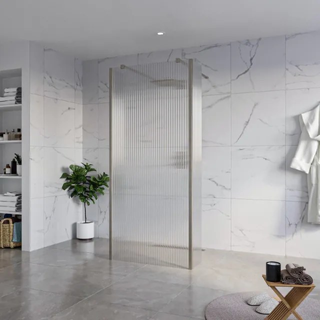 Fortifura Galeria Vrijstaande Inloopdouche - 90x200cm - Helder geribbeld - antikalk - 8mm veiligheidsglas - 2 zijwanden 30cm - wandsteunen en hoekprofielen - Geborsteld Gunmetal PVD SW927771 2x/SW797951/SW797945 2x/SW798732 2x