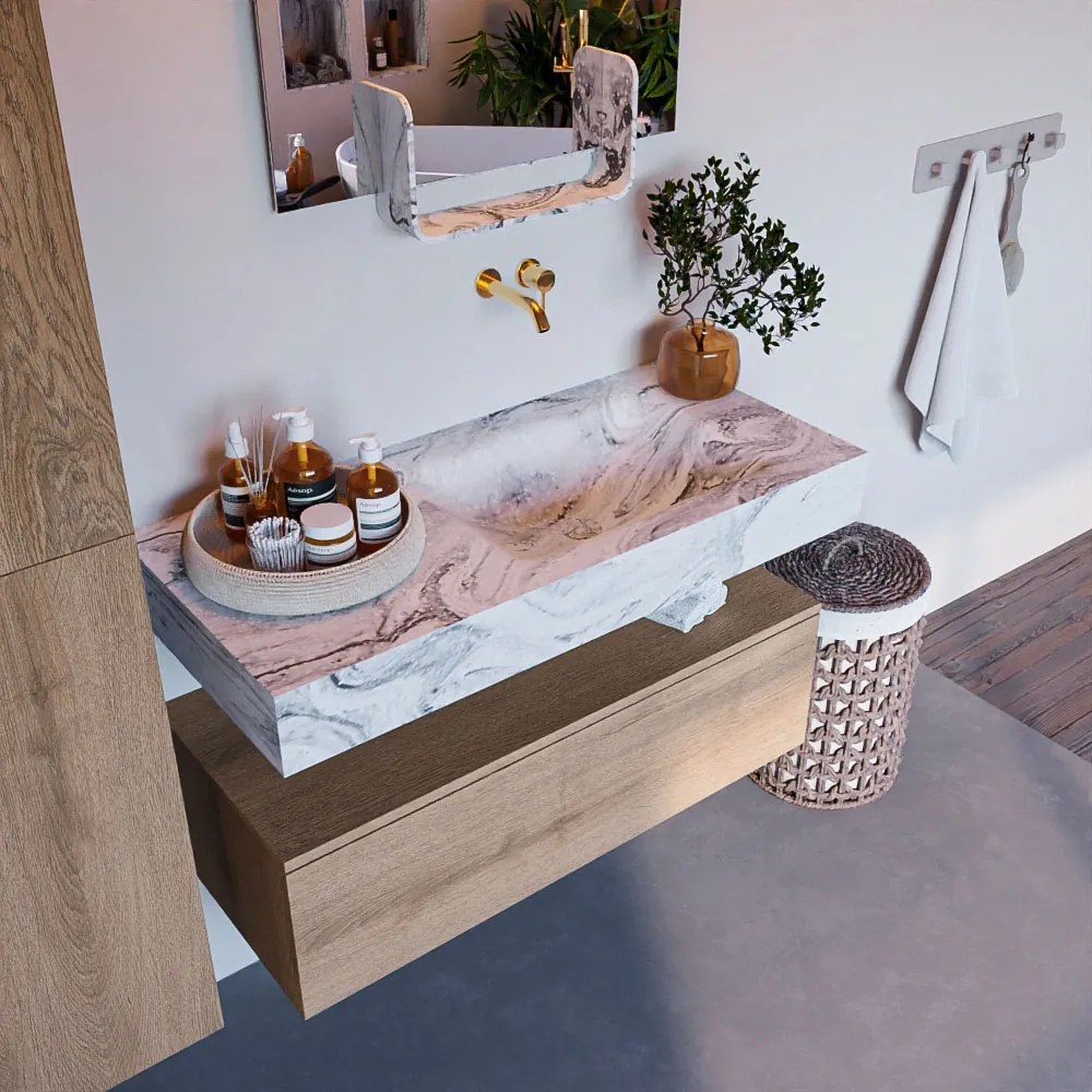 Mondiaz Alan DLux badmeubel 100cm washed oak 1 lade met wastafel glace rechts zonder kraangat