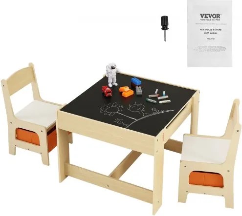 VEVOR Kinderzitgroep kindertafel, 2 kinderstoelen 1 tafel kinderzitgroep van MDF van P2-kwaliteit, kindertafelset stabiel kindermeubilair met dubbelzijdig tafelblad &amp; opbergbox kindermeubelset